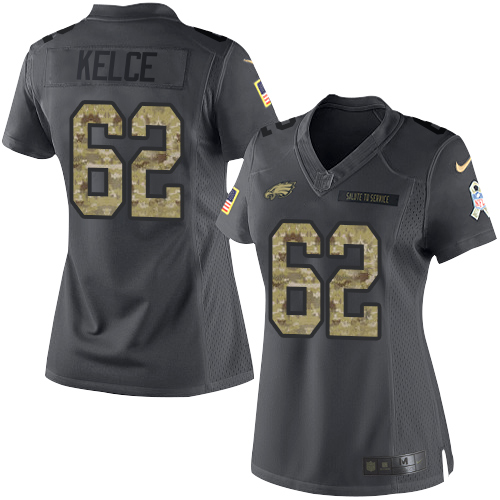 Eagles #62 Jason Kelce Black Women's Stitched Limited 2016 Salute To Service Jersey