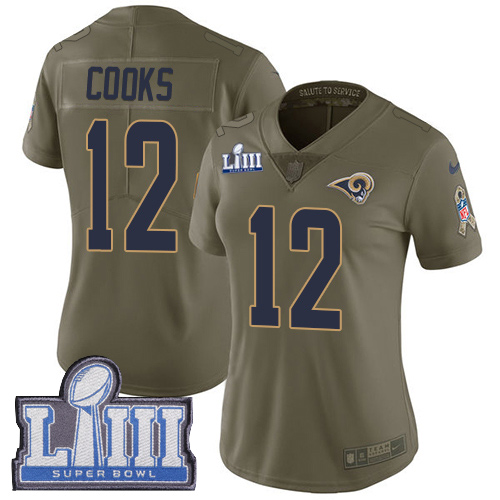 Los Angeles Rams #12 Brandin Cooks Olive Super Bowl LIII Bound Women's Stitched Limited 2017 Salute to Service Jersey Womens