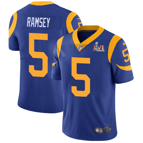 Rams #5 Jalen Ramsey Royal Blue Alternate Super Bowl LVI Patch Youth Stitched Vapor Untouchable Limited Jersey
