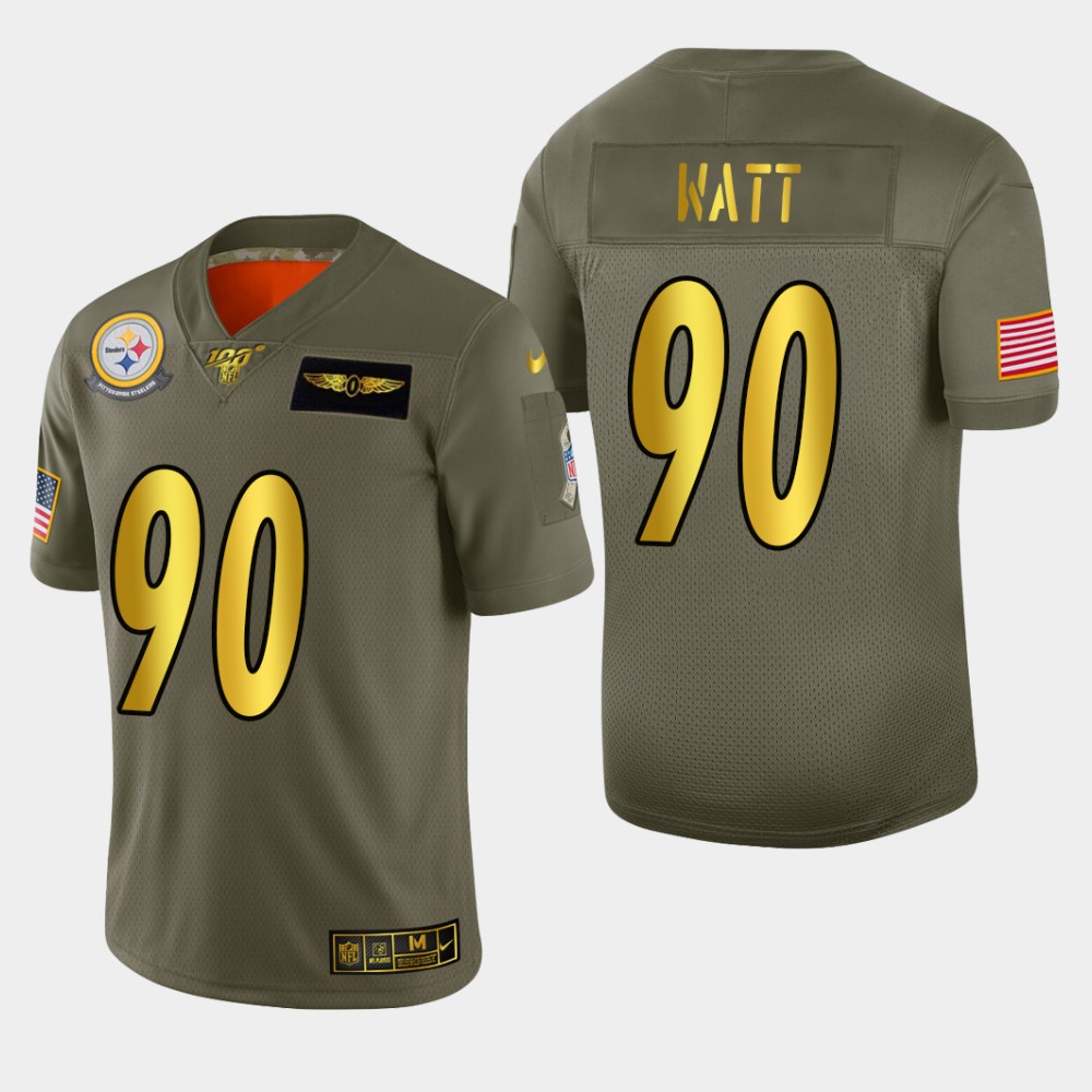 Steelers #90 T.J. Watt Men's Olive Gold 2019 Salute To Service 100 Limited Jersey
