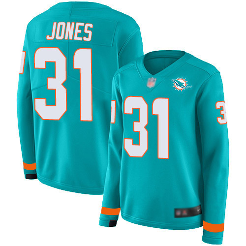 Miami Dolphins #31 Byron Jones Aqua Green Team Color Women's Stitched Limited Therma Long Sleeve Jersey Womens