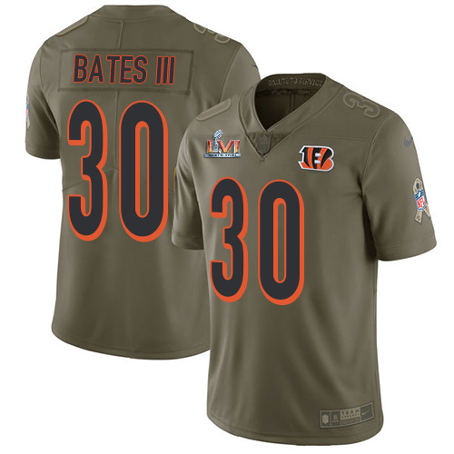 Bengals #30 Jessie Bates Olive Super Bowl LVI Patch Men's Stitched Limited 2017 Salute To Service Jersey
