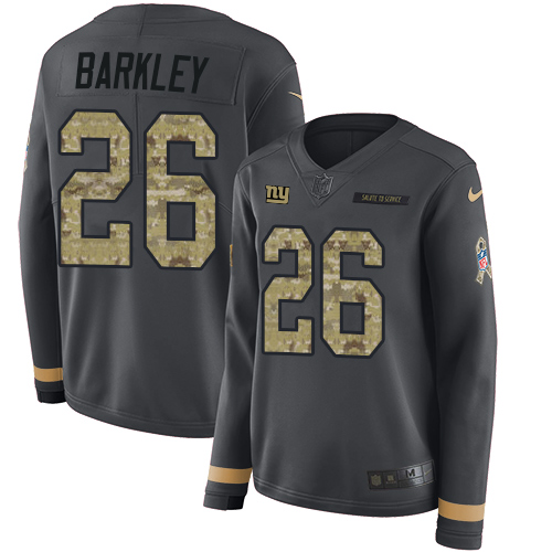 Giants #26 Saquon Barkley Anthracite Salute To Service Women's Stitched Limited Therma Long Sleeve Jersey