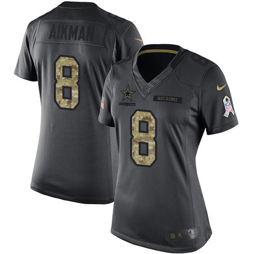 Dallas Cowboys #8 Troy Aikman Black Women's Stitched Limited 2016 Salute to Service Jersey Womens