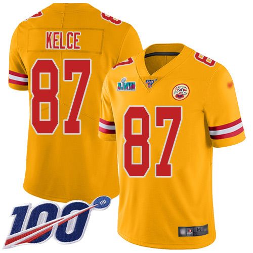 Chiefs #87 Travis Kelce Gold Super Bowl LVII Patch Men's Stitched Limited Inverted Legend 100th Season Jersey
