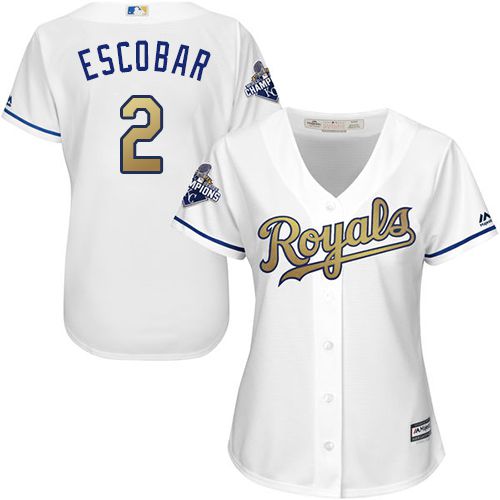 Kansas City Royals #2 Alcides Escobar White 2015 World Series Champions Gold Program Cool Base Women's Stitched Jersey Womens