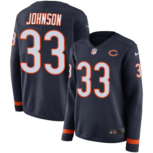 Chicago Bears #33 Jaylon Johnson Navy Blue Team Color Women's Stitched Limited Therma Long Sleeve Jersey Womens
