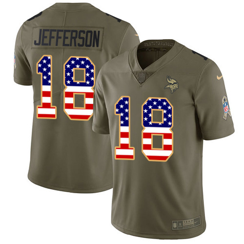 Vikings #18 Justin Jefferson Olive/USA Flag Men's Stitched Limited 2017 Salute To Service Jersey