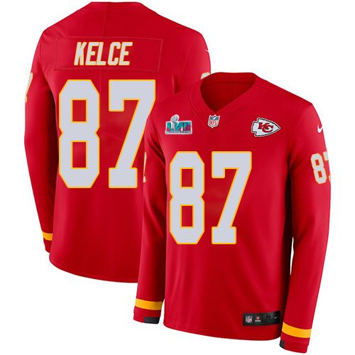 Chiefs #87 Travis Kelce Red Team Color Super Bowl LVII Patch Men's Stitched Limited Therma Long Sleeve Jersey