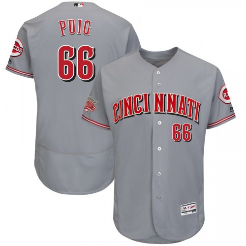Men's Cincinnati Reds #66 Yasiel Puig Majestic Gray 150th Anniversary Road Authentic Collection Flex Base Player Jersey Men's