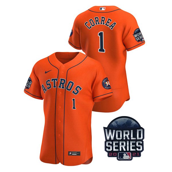 Houston Astros #1 Carlos Correa Men's 150th Anniversary 2021 World Series Authentic Jersey - Orange
