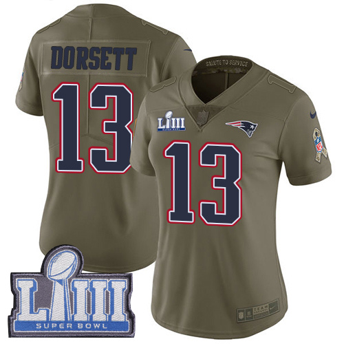 New England Patriots #13 Phillip Dorsett Olive Super Bowl LIII Bound Women's Stitched Limited 2017 Salute to Service Jersey Womens