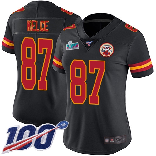 Chiefs #87 Travis Kelce Black Super Bowl LVII Patch Women's Stitched Limited Rush 100th Season Jersey