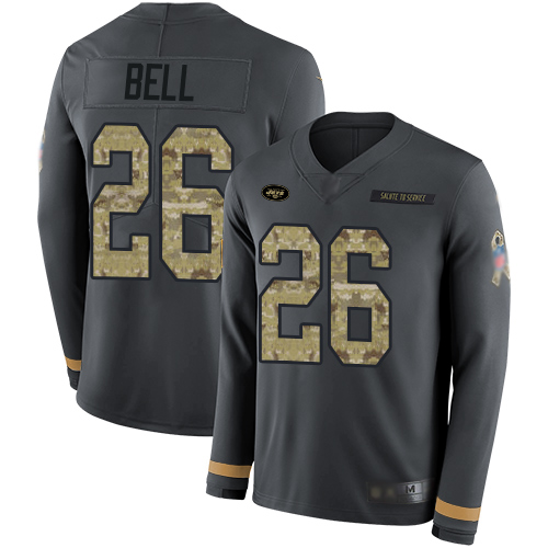New York Jets #26 Le'Veon Bell Anthracite Salute to Service Men's Stitched Limited Therma Long Sleeve Jersey Men's