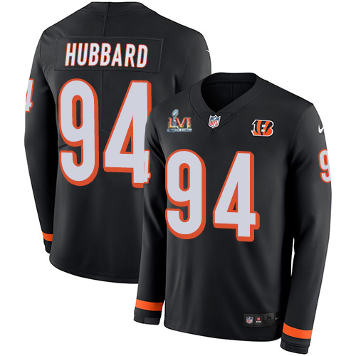 Bengals #94 Sam Hubbard Black Team Color Super Bowl LVI Patch Youth Stitched Limited Therma Long Sleeve Jersey