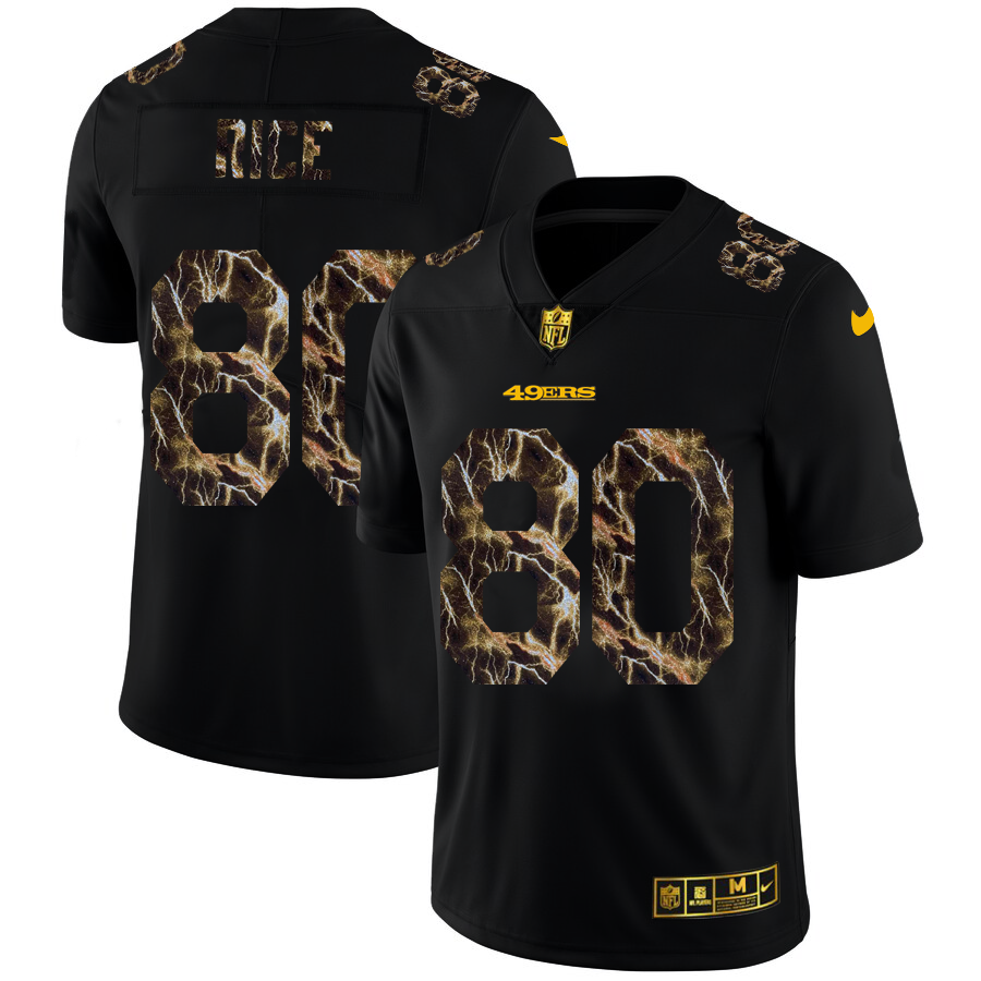 San Francisco 49ers #80 Jerry Rice Men's Black Flocked Lightning Vapor Limited Jersey