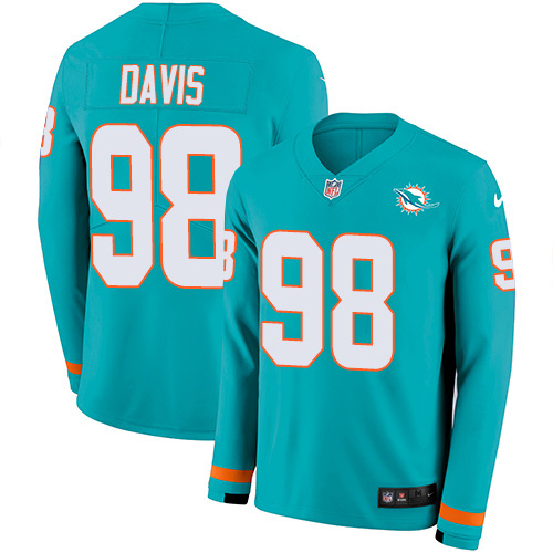 Miami Dolphins #98 Raekwon Davis Aqua Green Team Color Youth Stitched Limited Therma Long Sleeve Jersey Youth