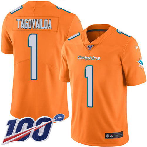 Dolphins #1 Tua Tagovailoa Orange Men's Stitched Limited Rush 100th Season Jersey
