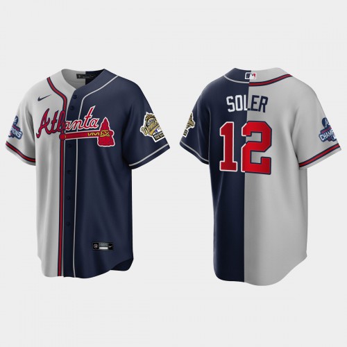 Atlanta Atlanta Braves #12 Jorge Soler Men's 2021 World Series Champions 1995 Throwback Split Gray Navy Stitched Jersey Men's