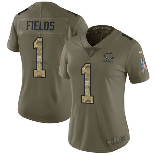 Bears #1 Justin Fields Olive/Camo Women's Stitched Limited 2017 Salute To Service Jersey