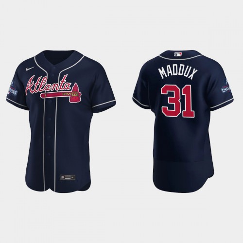 Atlanta Atlanta Braves #31 Greg Maddux Men's 2021 World Series Champions Patch Authentic Player Jersey - Navy Men's