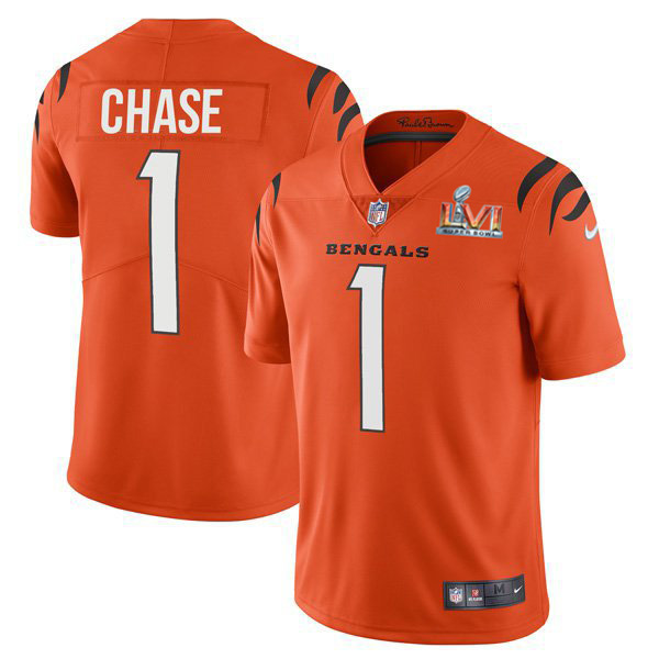 Cincinnati Bengals #1 Ja'Marr Chase Orange Super Bowl LVI Patch Men's Alternate Vapor Limited Jersey