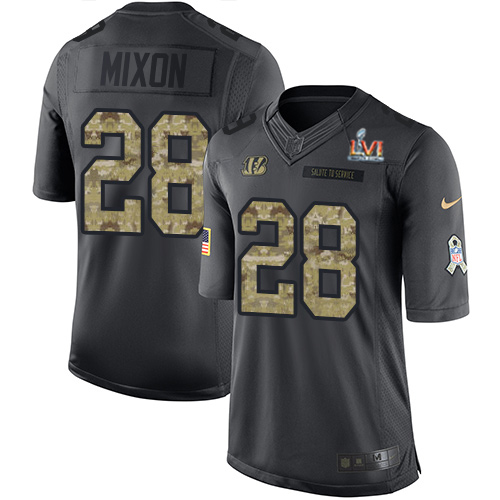 Bengals #28 Joe Mixon Black Team Color Super Bowl LVI Patch Youth Stitched Limited Therma Long Sleeve Jersey