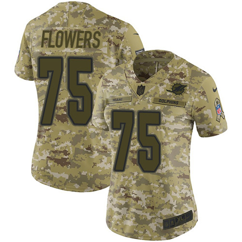 Miami Dolphins #75 Ereck Flowers Camo Women's Stitched Limited 2018 Salute To Service Jersey Womens