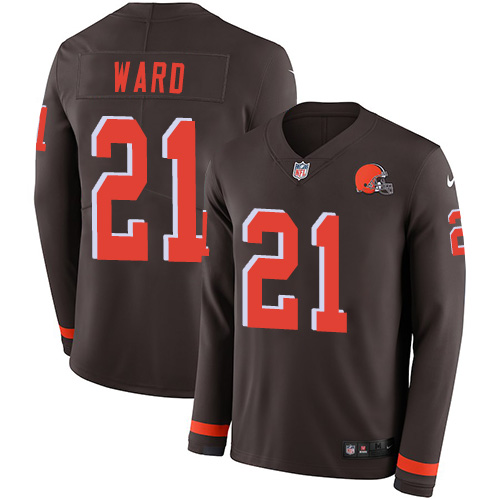 Browns #21 Denzel Ward Brown Team Color Men's Stitched Limited Therma Long Sleeve Jersey