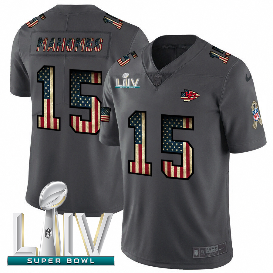 Kansas City Chiefs #15 Patrick Mahomes Black Super Bowl LIV 2020 2018 Salute To Service Retro USA Flag Limited Jersey