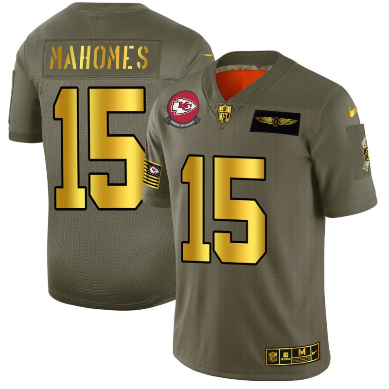 Kansas City Chiefs #15 Patrick Mahomes Men's Olive Gold 2019 Salute To Service Limited Jersey