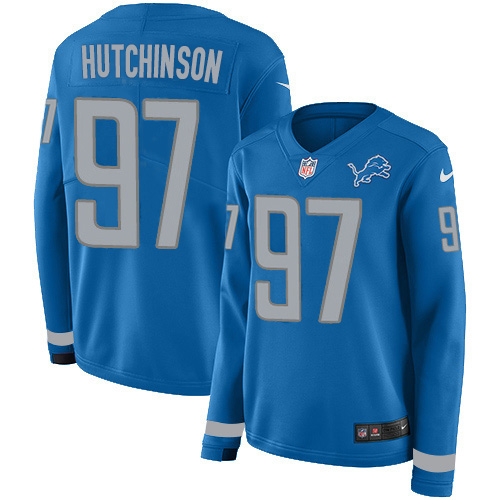Lions #97 Aidan Hutchinson Blue Team Color Women's Stitched Limited Therma Long Sleeve Jersey