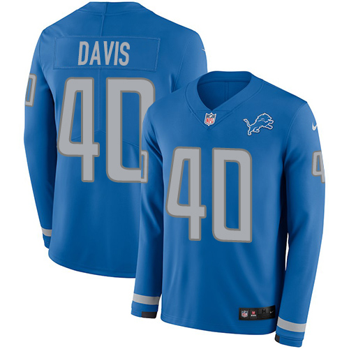 Detroit Lions #40 Jarrad Davis Blue Team Color Men's Stitched Limited Therma Long Sleeve Jersey Men's