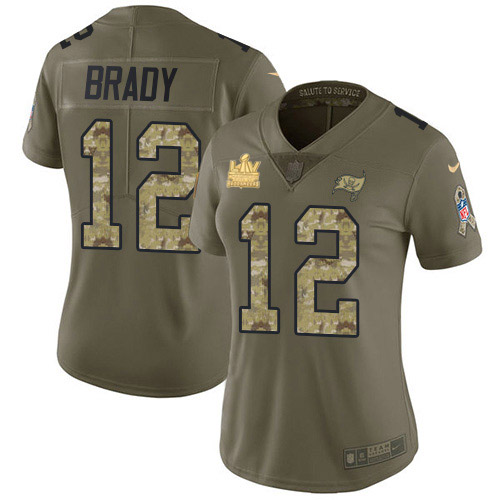 Buccaneers #12 Tom Brady Olive/Camo Women's Super Bowl LV Champions Patch Stitched Limited 2017 Salute To Service Jersey