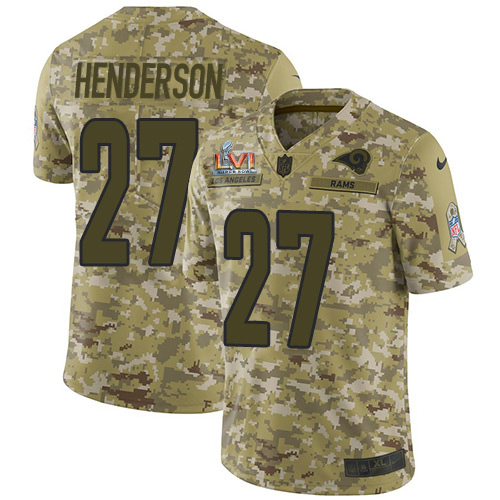 Los Angeles Rams #27 Darrell Henderson Camo Super Bowl LVI Patch Men's Stitched Limited 2018 Salute To Service Jersey Men's