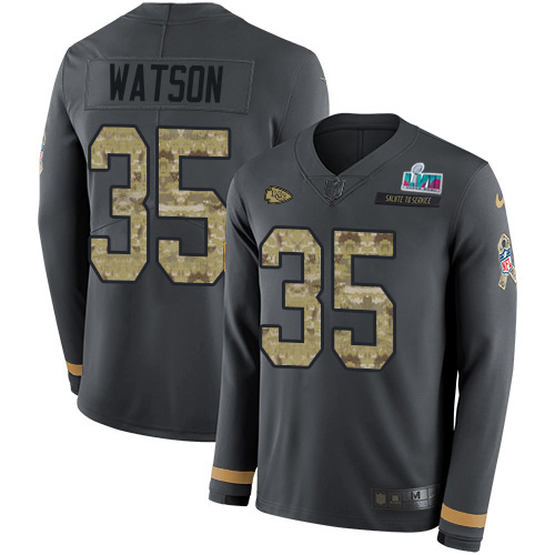 Chiefs #35 Jaylen Watson Anthracite Salute To Service Super Bowl LVII Patch Men's Stitched Limited Therma Long Sleeve Jersey