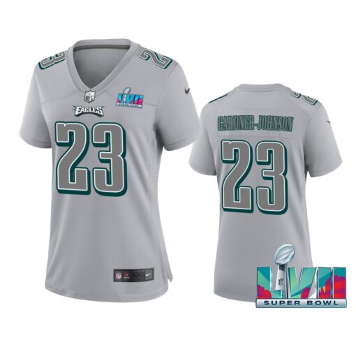 Eagles #23 C.J. Gardner-Johnson Women's Super Bowl LVII Patch Atmosphere Fashion Game Jersey - Gray