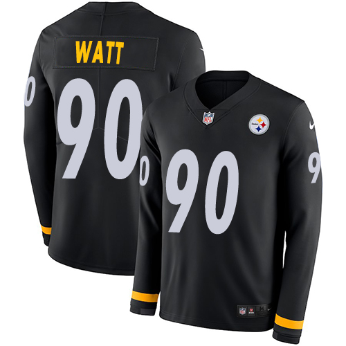 Steelers #90 T. J. Watt Black Team Color Men's Stitched Limited Therma Long Sleeve Jersey