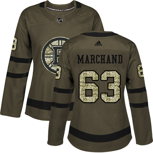 Adidas Boston Bruins #63 Brad Marchand Green Salute to Service Women's Stitched Jersey Womens