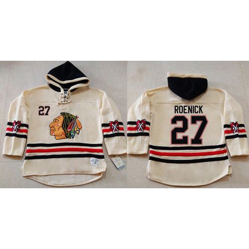 Chicago Blackhawks #27 Jeremy Roenick Cream Heavyweight Pullover Hoodie Stitched Jersey Men's