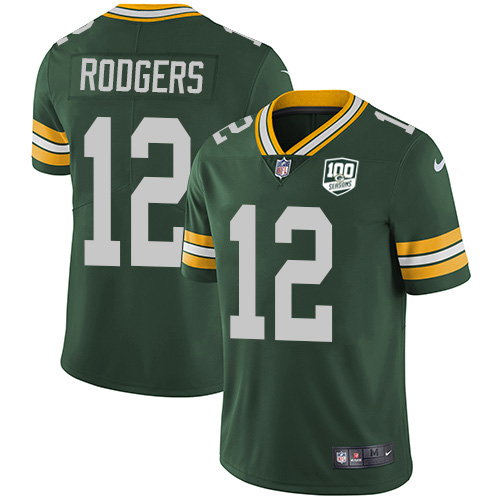 Packers #12 Aaron Rodgers Green Team Color Men's 100th Season Stitched Vapor Untouchable Limited Jersey