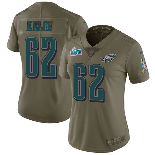 Eagles #62 Jason Kelce Olive Super Bowl LVII Patch Women's Stitched Limited 2017 Salute To Service Jersey