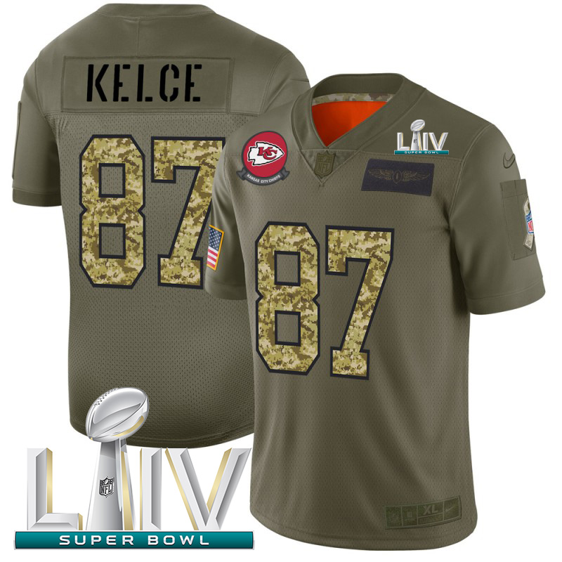 Kansas City Chiefs #87 Travis Kelce Men's 2019 Olive Camo Super Bowl LIV 2020 Salute To Service Limited Jersey