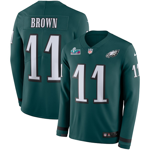 Eagles #11 A.J. Brown Green Team Color Super Bowl LVII Patch Men's Stitched Limited Therma Long Sleeve Jersey