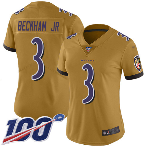 Ravens #3 Odell Beckham Jr. Gold Women's Stitched Limited Inverted Legend 100th Season Jersey