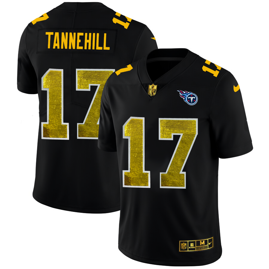 Tennessee Titans #17 Ryan Tannehill Men's Black Golden Sequin Vapor Limited Jersey