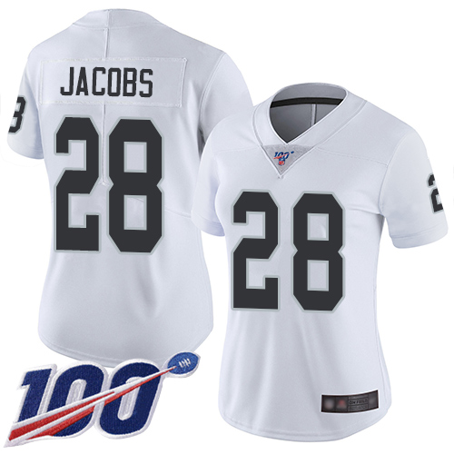 Raiders #28 Josh Jacobs White Women's Stitched 100th Season Vapor Limited Jersey