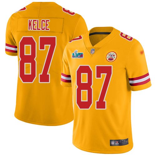 Chiefs #87 Travis Kelce Gold Super Bowl LVII Patch Men's Stitched Limited Inverted Legend Jersey
