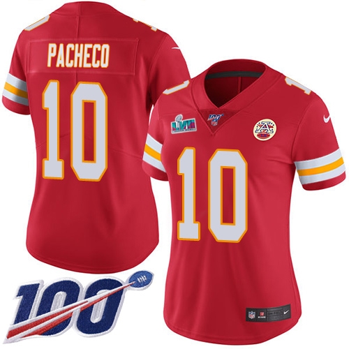 Chiefs #10 Isiah Pacheco Red Team Color Super Bowl LVII Patch Women's Stitched 100th Season Vapor Limited Jersey