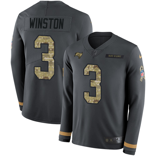Tampa Bay Buccaneers #3 Jameis Winston Anthracite Salute to Service Men's Stitched Limited Therma Long Sleeve Jersey Men's